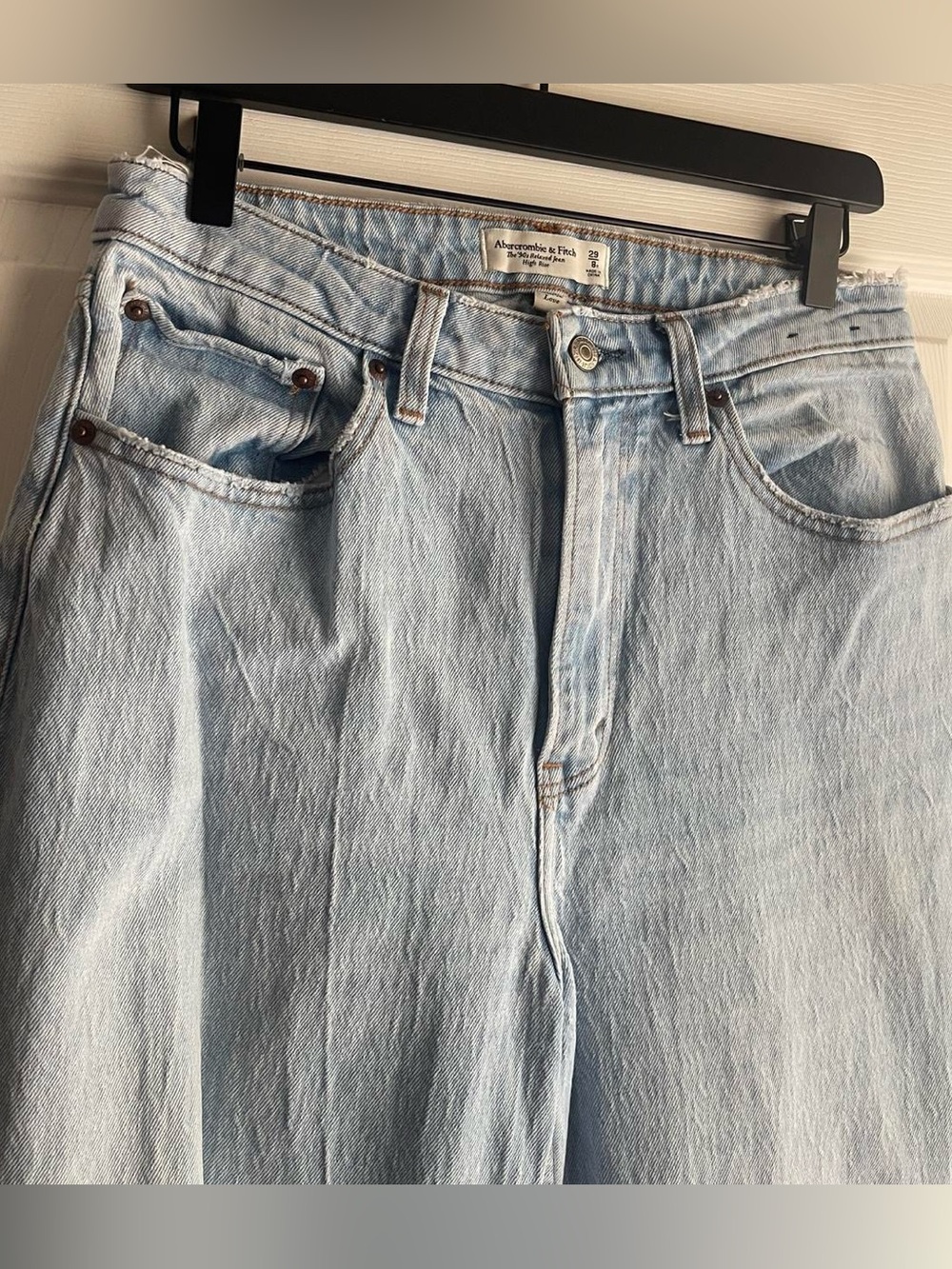 Abercrombie & Fitch Light wash high-waisted straight leg jeans with distressed